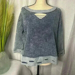 POL Small Mineral Wash Cut Out Short Women Top 3/4 Sleeves In Denim Blue